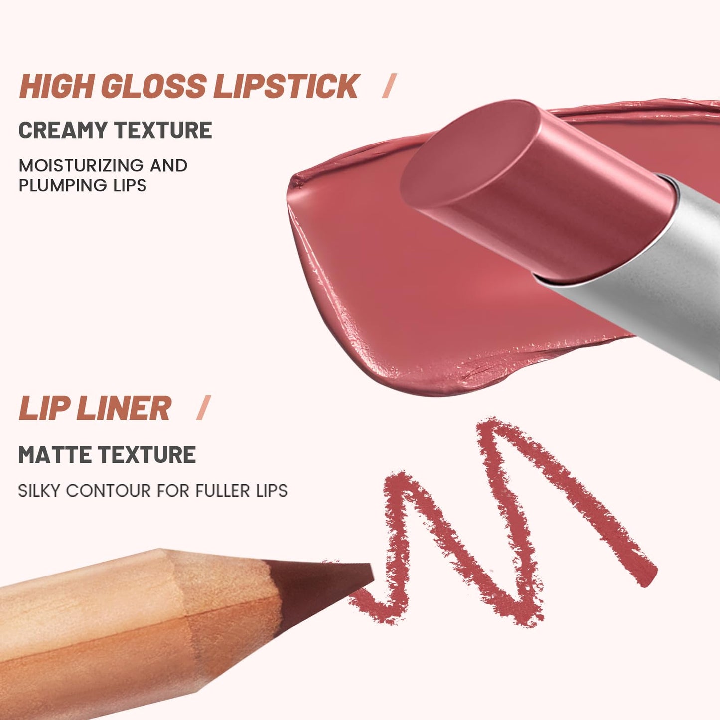 2Pcs Lip Liner and Lipstick Combo, Highly Pigmented Lip Liner and Lipstick Set for women, Long Lasting Matte Lip Pencil and Hydrating Lip Balm Lip Gloss Makeup Kits with Sharpener