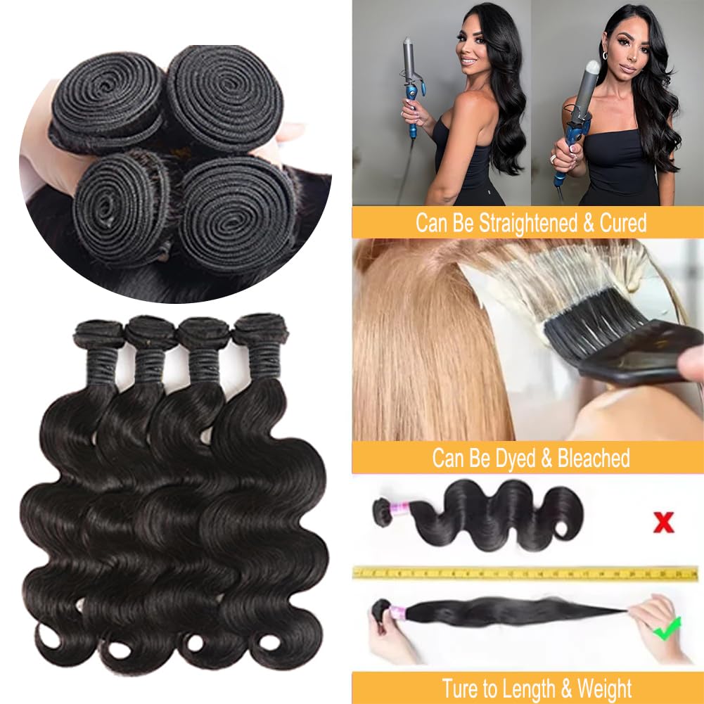12A Human Hair Bundles Body Wave Human Hair Bundles 100% Unprocessed Brazilian Virgin Human Hair Extensions 14 16 18 20Inch 4 Bundles Deals Human Hair Quick Weave Bundles Human Hair Natural Black