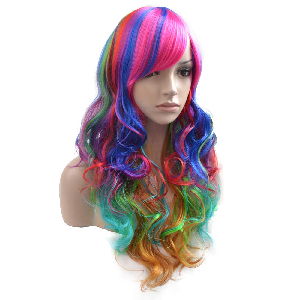 BERON Rainbow Wig Long Wavy Wig Colorful Wig with Bangs for Women Rainbow Wig Long Curly Wig Rainbow Wig Synthetic Wig with Wig Cap