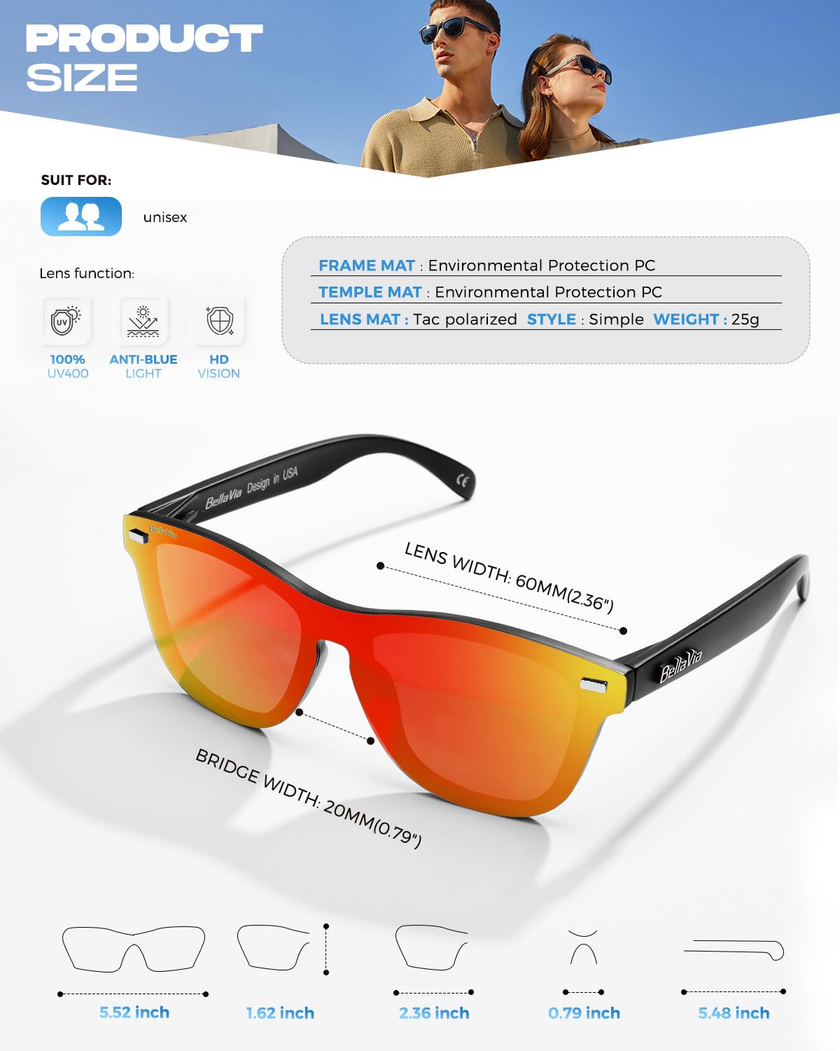 MESHA Polarized Rimless Sunglasses for Men and Women, Trendy Unisex Lightweight Sunglasses, Square Mirrored with Reflective One Piece Orange Lens Sunglasses UV400 Protection for Driving Fishing Golf