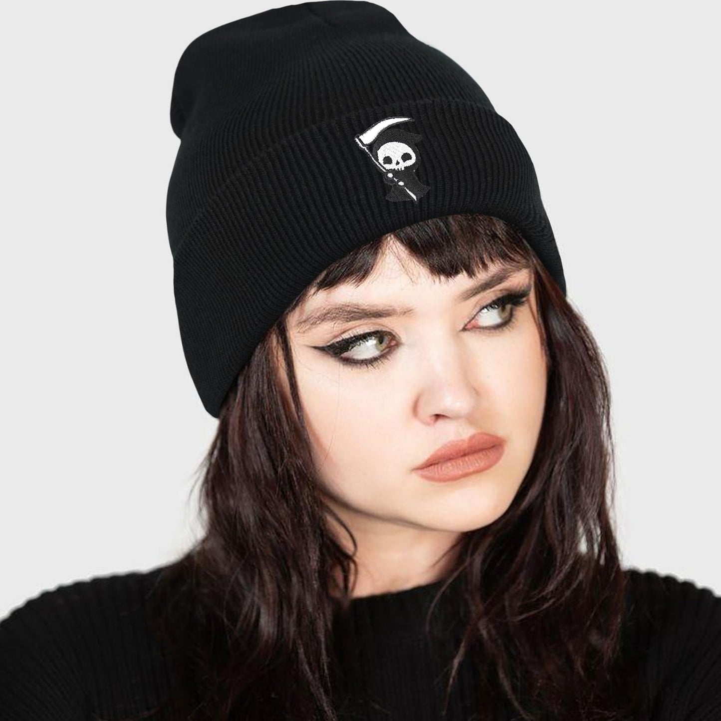 gswirmchsq Ghost Beanie Hat Black, Cute Funny Goth Embroidery Winter Knit Skull Cap for Adult Men Women