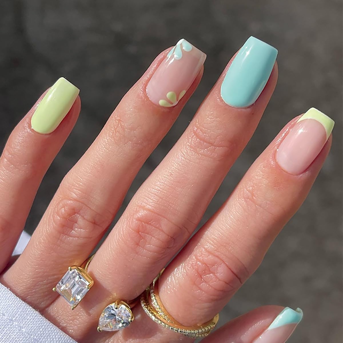 9 Packs (216 Pcs) Press on Nails, Jsiallye Short French Tip Press on Nails, Press on Nails Almond Square with Flower, Glue on Nails for Girl Nail Art, 12 Size of Fake Nails - 9 Styles Nail Kits