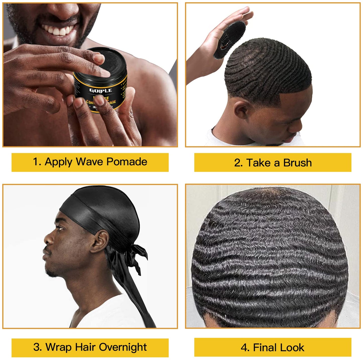 Natural Wave Pomade for Men Strong Hold, Easy Wash 360 Wave Training Hair Cream, Waves Grease for Men Promotes Layered Waves, Moisture, Control & Shine (Wave Pomade+Wave Brushes*2+ Silky Durag)