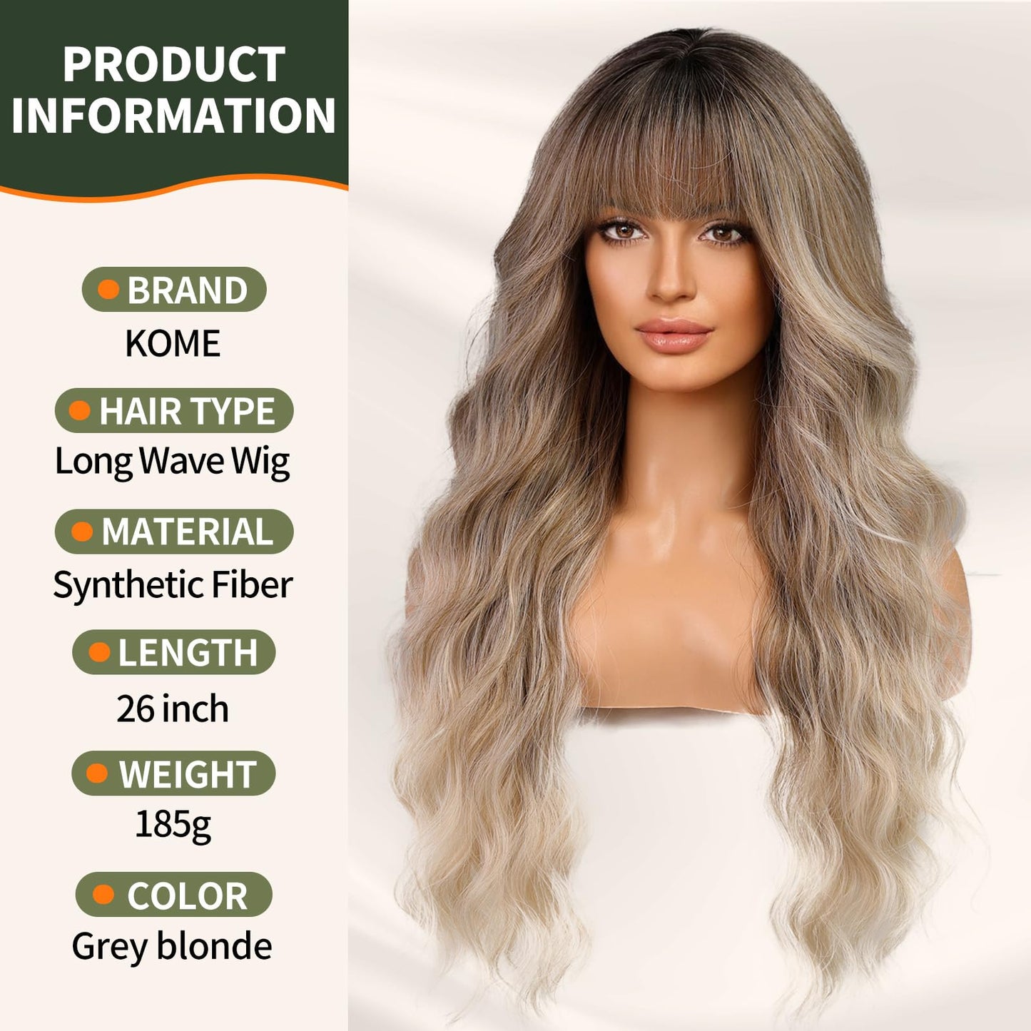KOME Ombre Ash Blonde Wigs with Bangs,Grey Blonde Long Wavy Wig for Women,Long Curly Synthetic Hair Wig for Party Daily Use 26IN