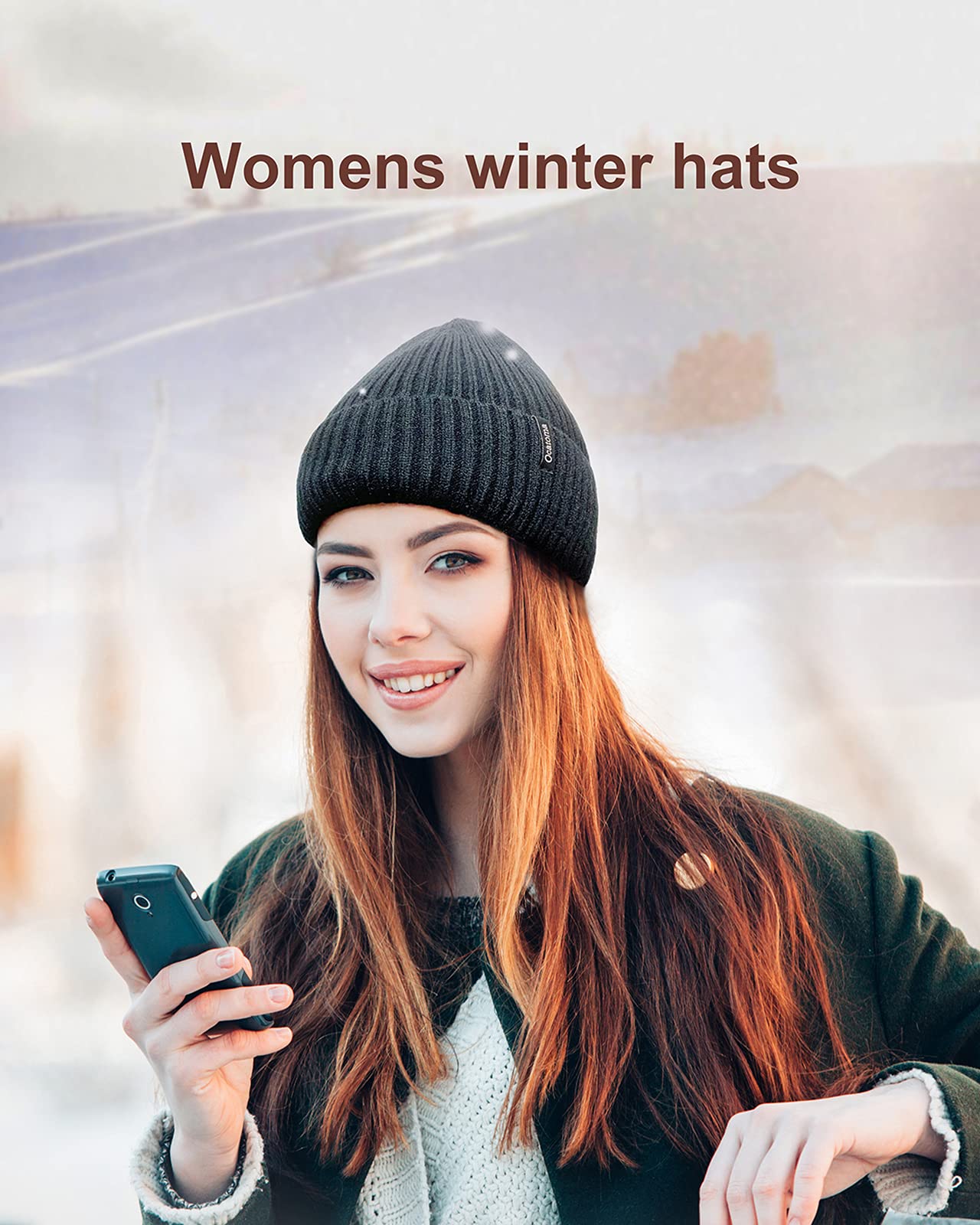 Ocatoma Beanie for Men Women Warm Winter Knit Cuffed Beanie Soft Warm Ski Hats Unisex Black