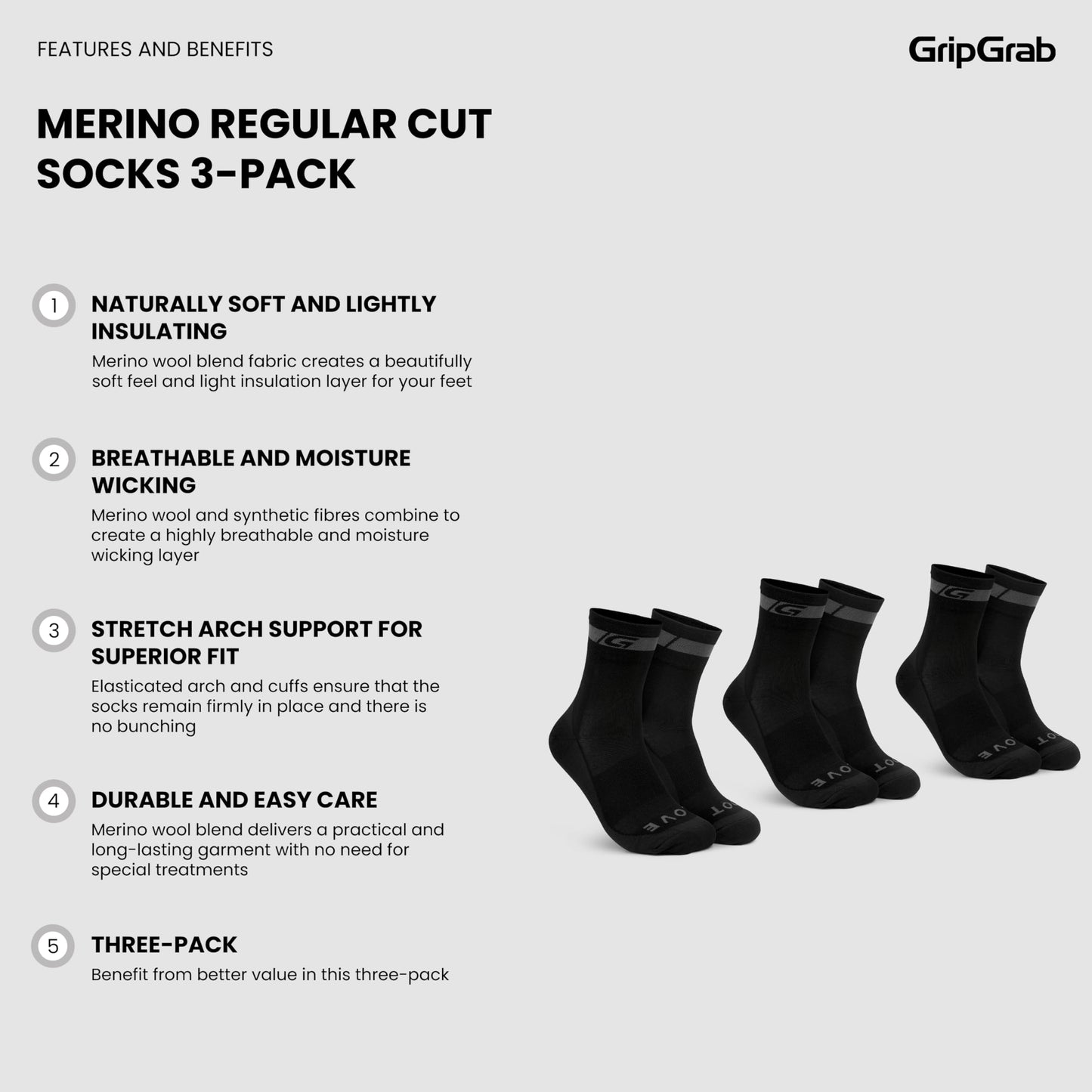 GripGrab Regular Cut Merino Cycling Socks Single & Multi-Pack Box of 1 and 3 Pairs Breathable Merino Wool Bike Socks