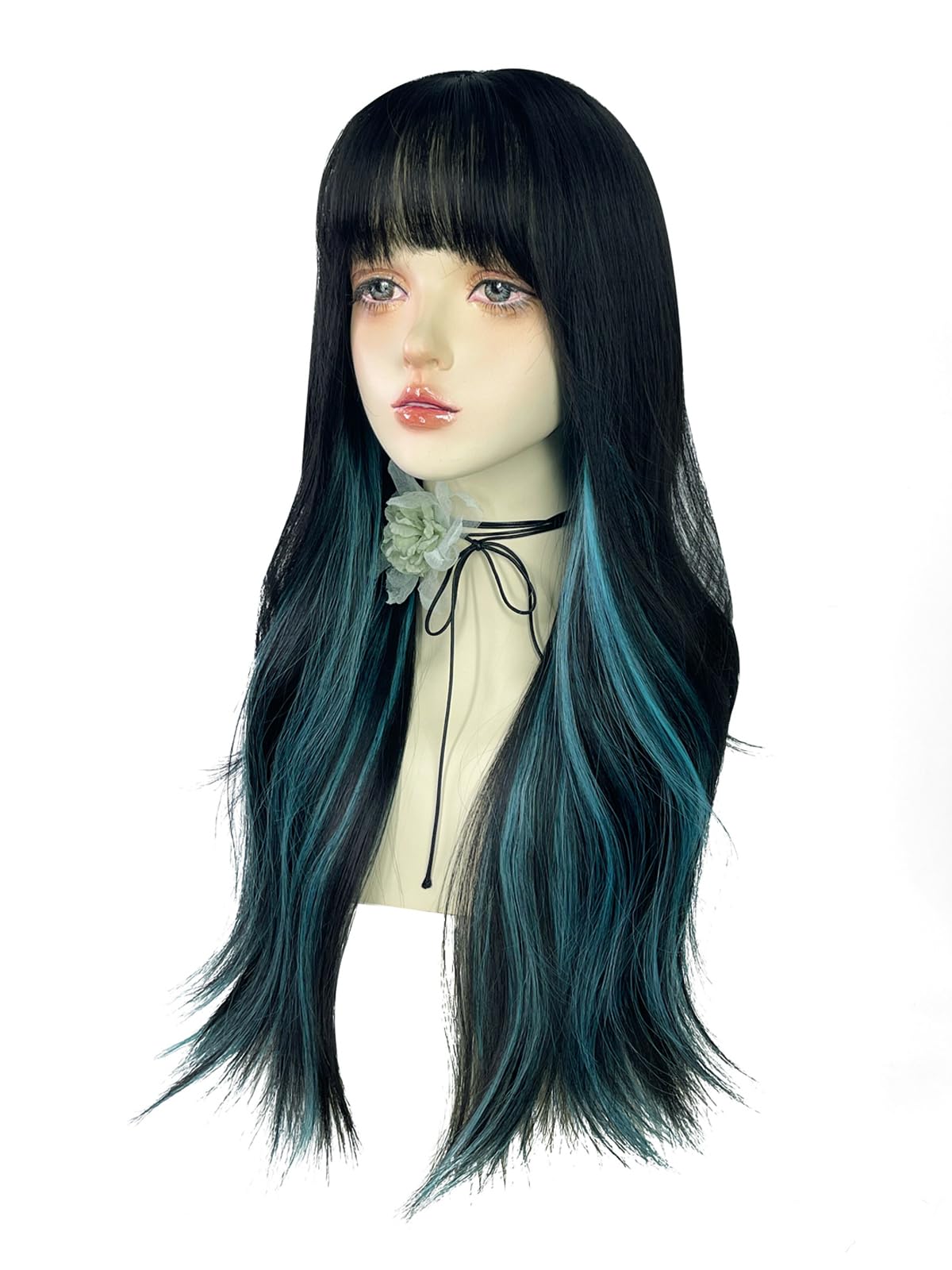 WKLOUYHE Long Wavy Wig for Women Synthetic Curly Wig with Bangs Fibre Cosplay Wig for Girls Daily Use Colorful Wigs (Black+Blue)