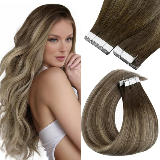 Sunny Hair Brown Balayage Tape in Hair Extensions for Women Human Hair Tape in Extensions Cool Brown Fading to Ash Brown Mix Light Blonde Balayage Short Tape Hair Extensions Brown Balayage 20pcs 12in