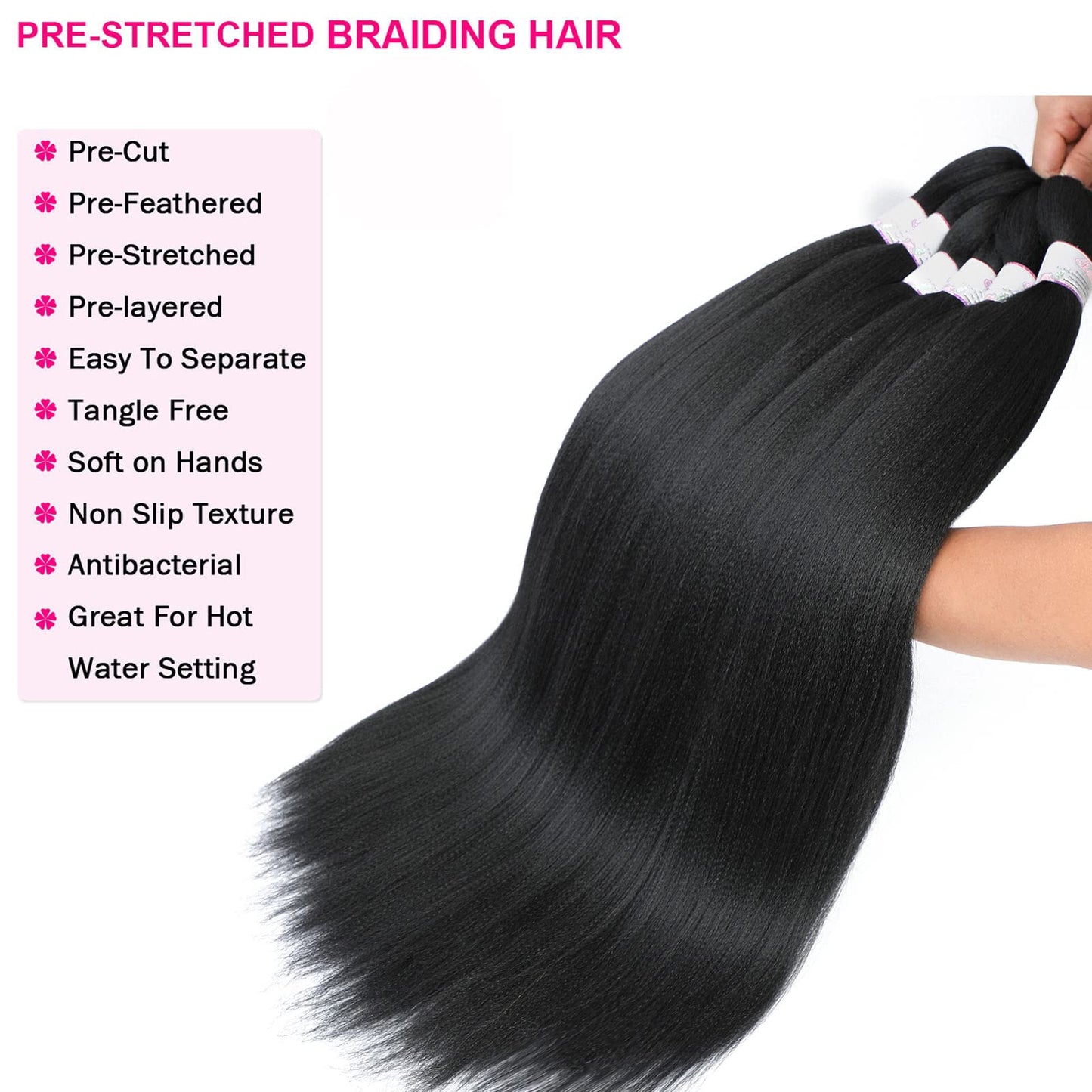 BEFUNNY Pre Stretched Braiding Hair, 5 Packs 24 Inch Professional Black Prestretched Braiding Hair For Women Human Hair Braid,Natural Straight Synthetic Hair Extension,Itch Free(24",5bundles,1B#)