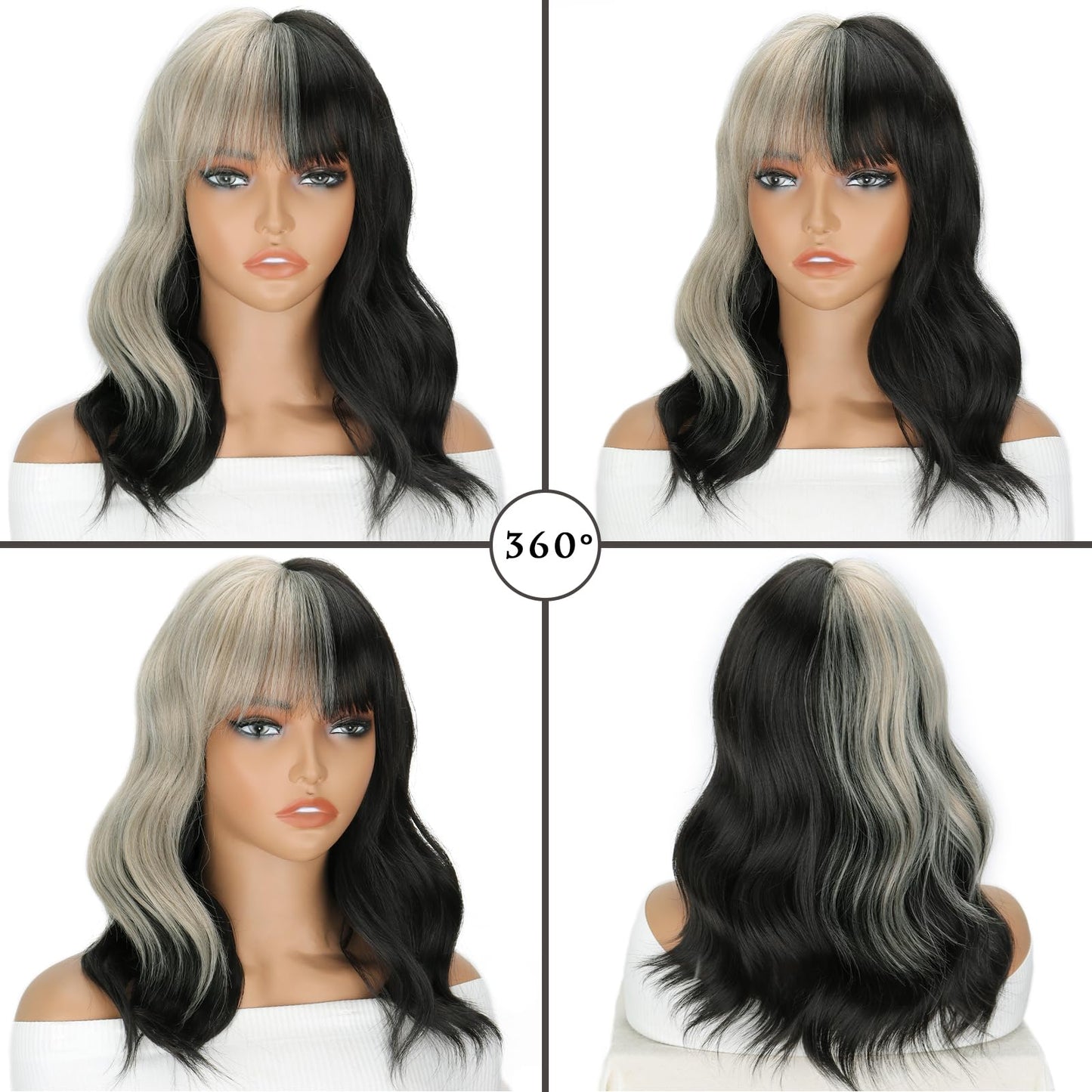 LINGHANG Grey Black Wigs with Bangs Soft Natural Synthetic Fibre Wigs for Women Short Grey Wavy Wig for Cosplay Halloween Daily Party Use