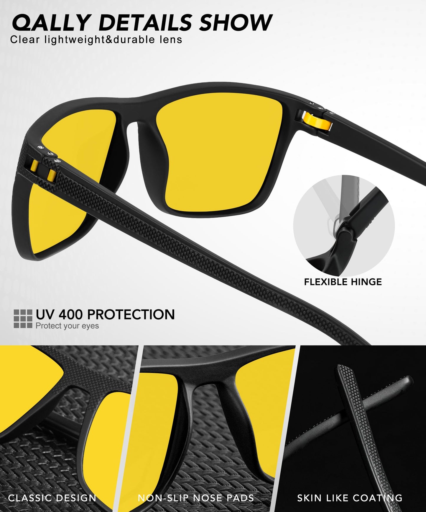 QALLY Night Vision Glasses Men, Night Driving Glasses for Men Lightweight Anti Glare for Driving