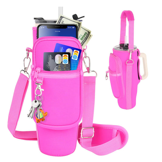 Water Bottle Carrier Bag with Phone Pocket Compatible with Stanley/Meoky 40 oz Tumbler with Handle,Neoprene Water Bottle Holder Pouch with Adjustable Strap Compatible with Stanley Cup Accessories