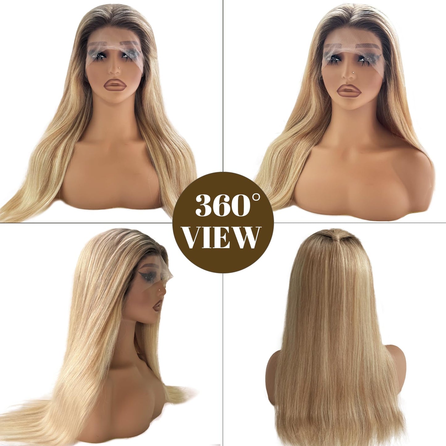 13x4 Highlights Lace Front Wigs Human Hair for Women Honey Blonde Ombre Straight HD Lace Closure Wig Glueless Remy Brazilian Virgin Human Hair 18 Inch Pre Plucked Bleached Knots #4/12/613