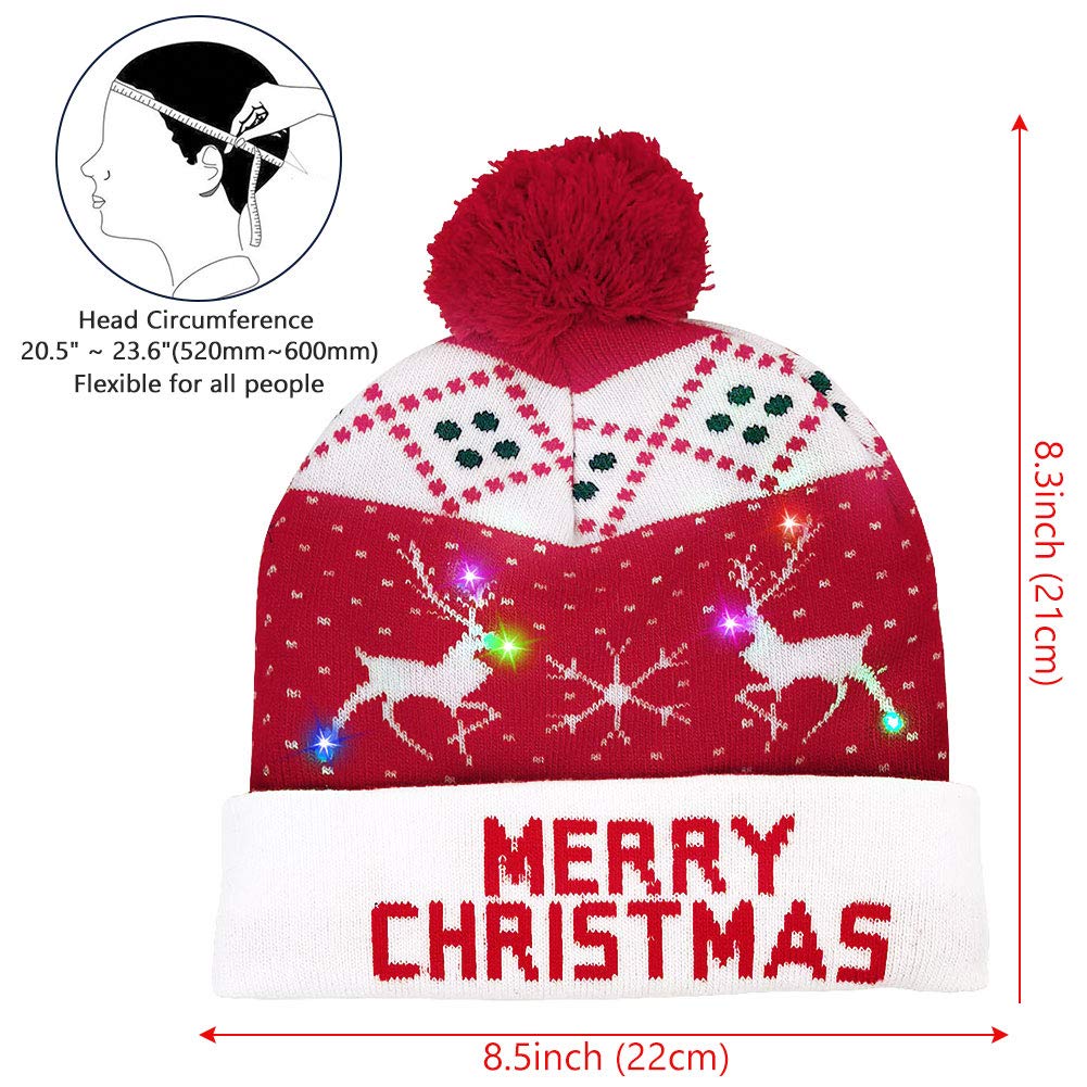 OurWarm LED Christmas Hat, Light Up Christmas Hat Unisex Blue Knitted Beanie Holiday Hat with Snowman Printing for Party