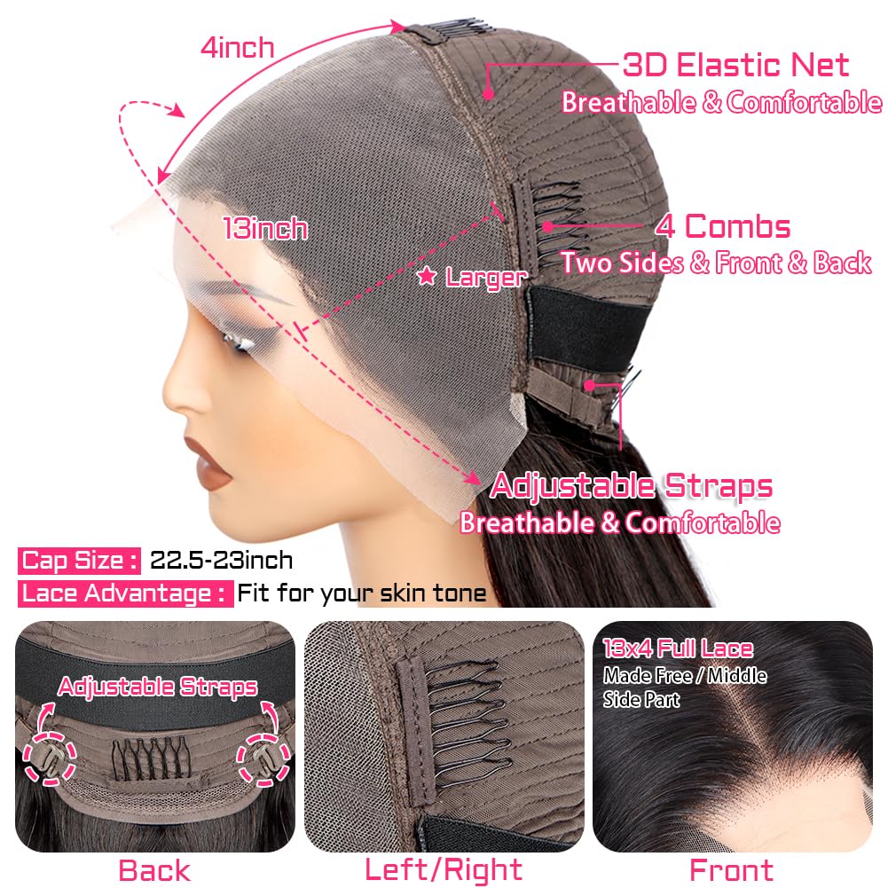 GVRR Body Wave 13x4 Full Frontal Wig Human Hair Full 13x4 HD Transparent Front Wigs Pre Plucked Bleached Knots Full 13x4 HD Lace Front Wigs 200% Density Tiny Knots Brazilian Hair Natural Black 26 Inch