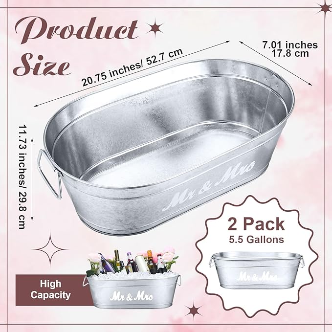 2 Pcs Wedding Mr and Mrs 5.5 Gallons Galvanized Beverage Stainless Steel Ice Buckets Tubs with Handles, Large Drink Wine Cooler Bins for Parties Farmhouse Garden Bar Christmas (Mr and Mrs)