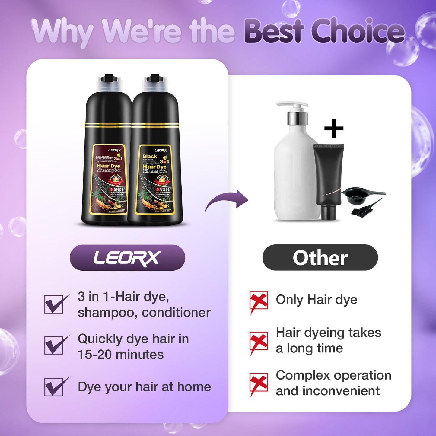 Leorx 3 In 1 Dark Brown Hair Dye For Gray Hair - Instant Herbal Coloring Shampoo For Women & Men - Shampoo Para Canas Mujer