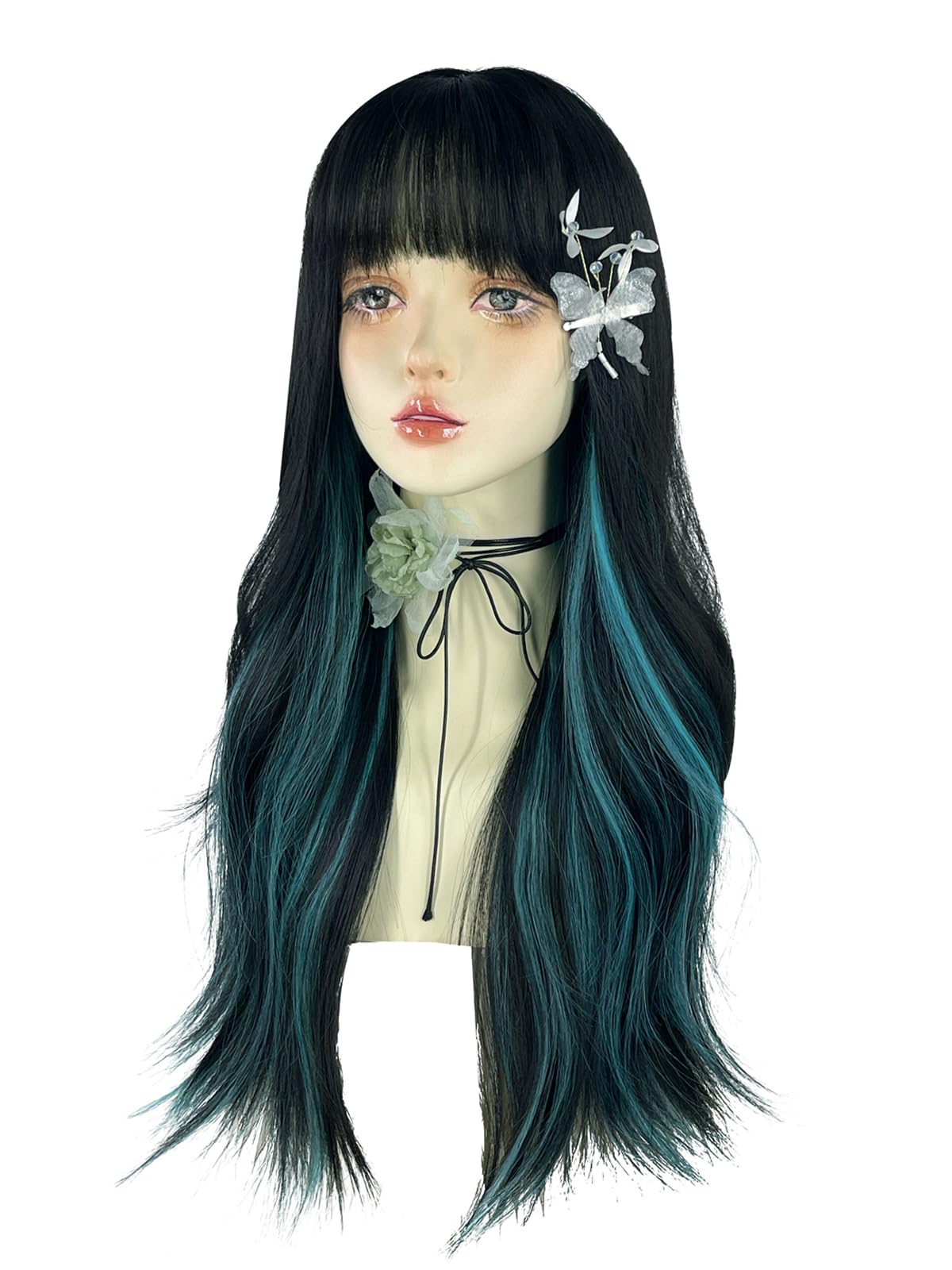 WKLOUYHE Long Wavy Wig for Women Synthetic Curly Wig with Bangs Fibre Cosplay Wig for Girls Daily Use Colorful Wigs (Black+Blue)
