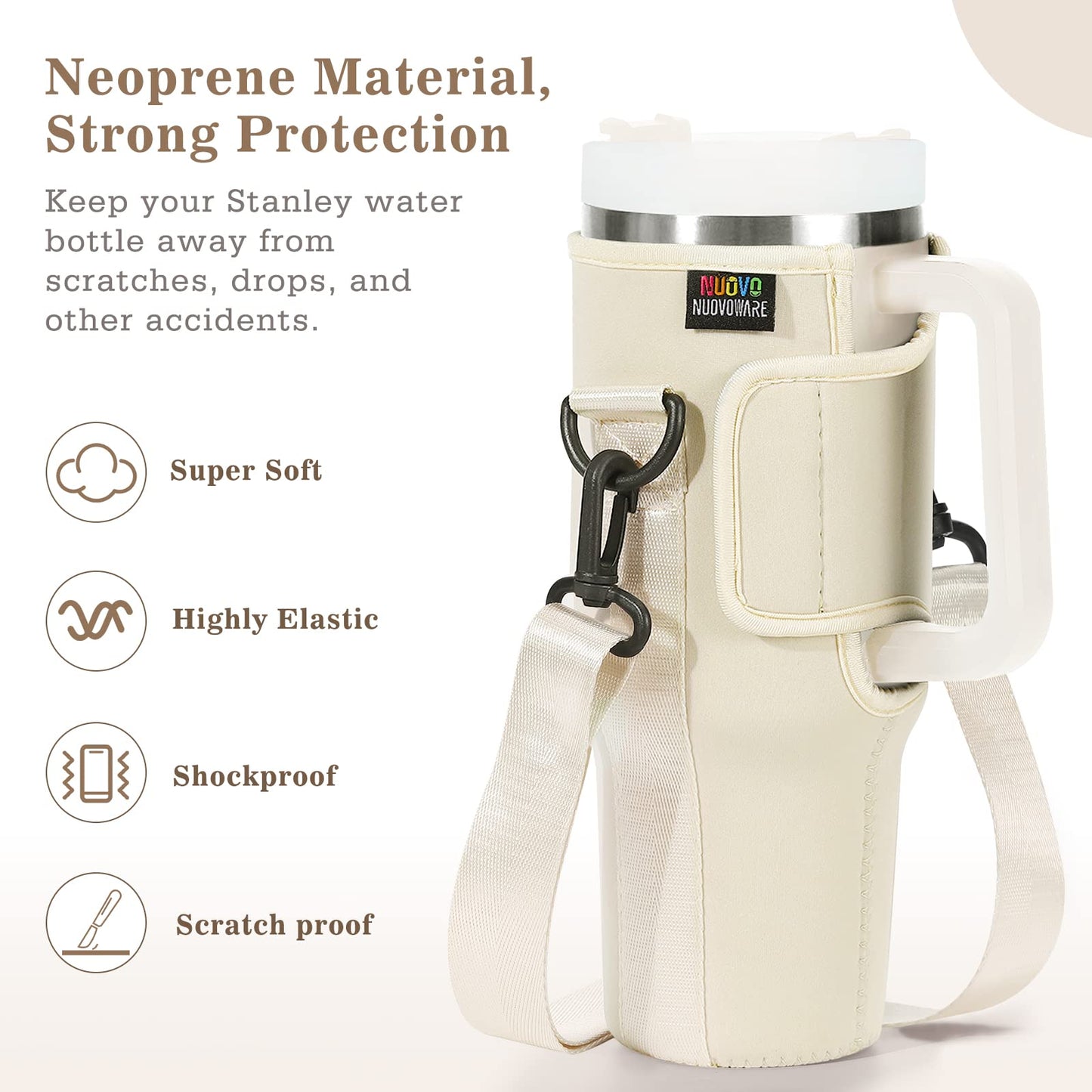 Nuovoware Water Bottle Carrier Bag Fits Stanley 40 Oz Tumbler with Handle, Bottle Bag with Adjustable Shoulder Strap, Neoprene Bottle Holder for Stanley Water Bottle Accessories, Milk White