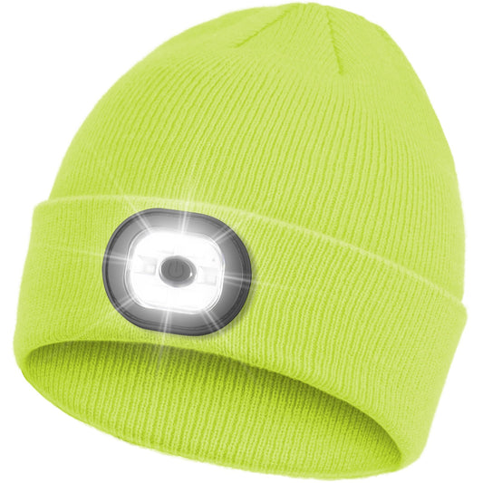 Rechargeable LED Beanie Headlamp - Unisex Winter Knit Cap with Hands Free Flashlight for Fishing, Running, Camping,Lemon