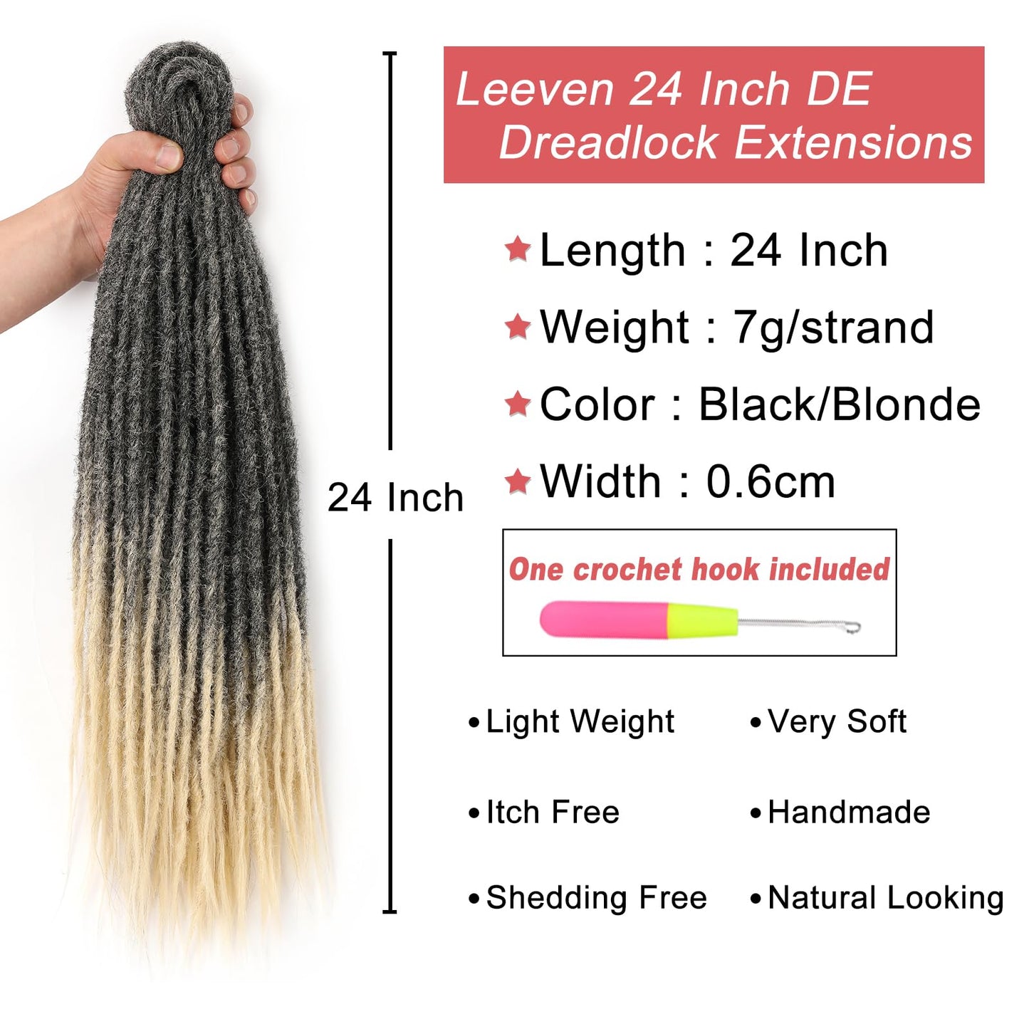 Leeven Black to Blonde Double Ended Dreadlock Extensions 24 Inch 0.6 cm Width Thin Synthetic DE Dreads Crochet Dreads 10 Strands Handmade Loc Extensions for Women Men