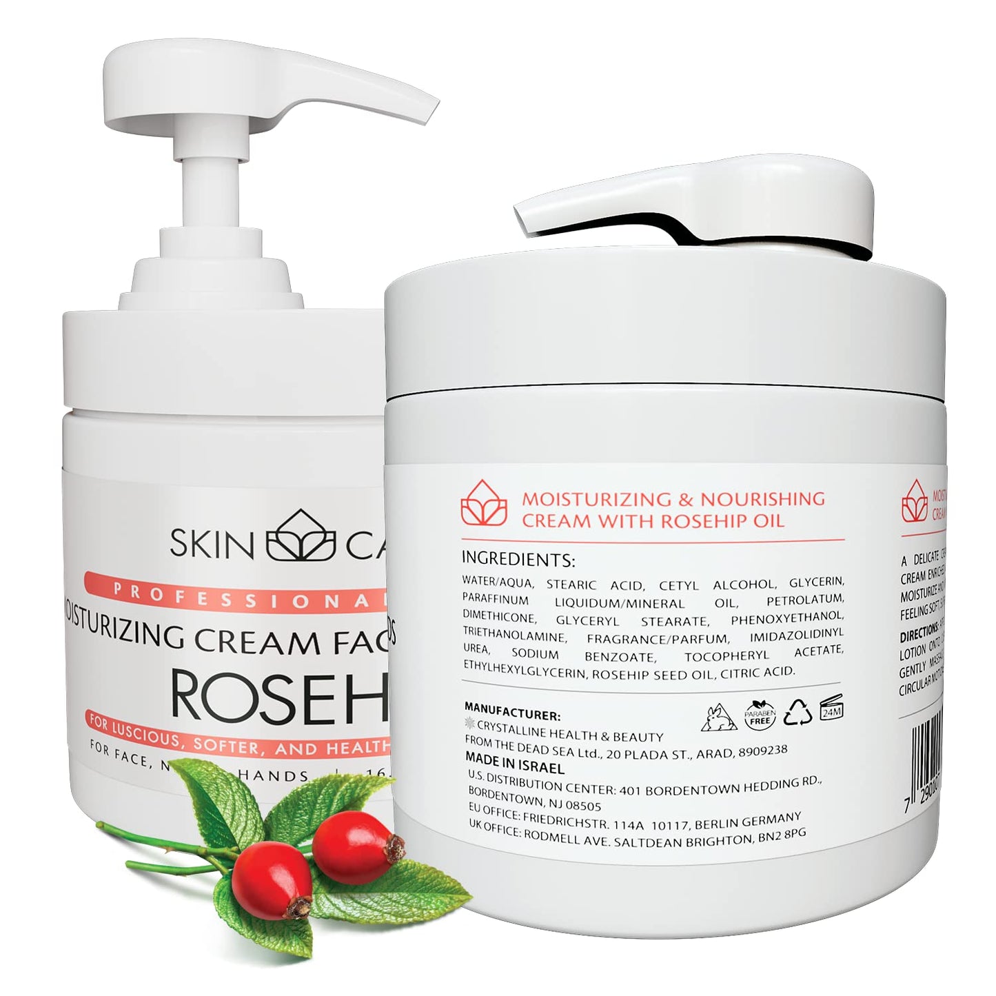 Skin Care Rosehip Oil 3-in-1 Moisturizer Face Cream, Neck and Hands - Treatment for Crepey Texture, Wrinkles and Sagging - Daily Lotion for All Skin Types - 16.9 fl. oz.