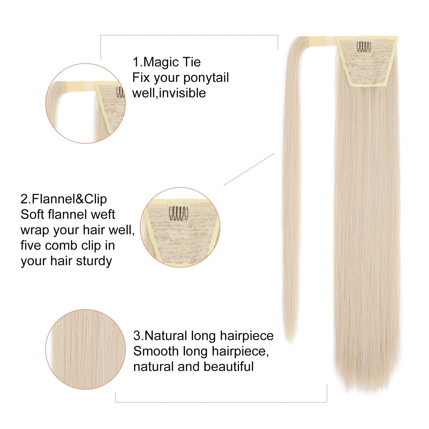 SEIKEA 28 Inch Clip in Ponytail Extension Wrap Around Long Straight Pony Tail Hair Synthetic Hairpiece for Women Color Cool Platinum Blonde