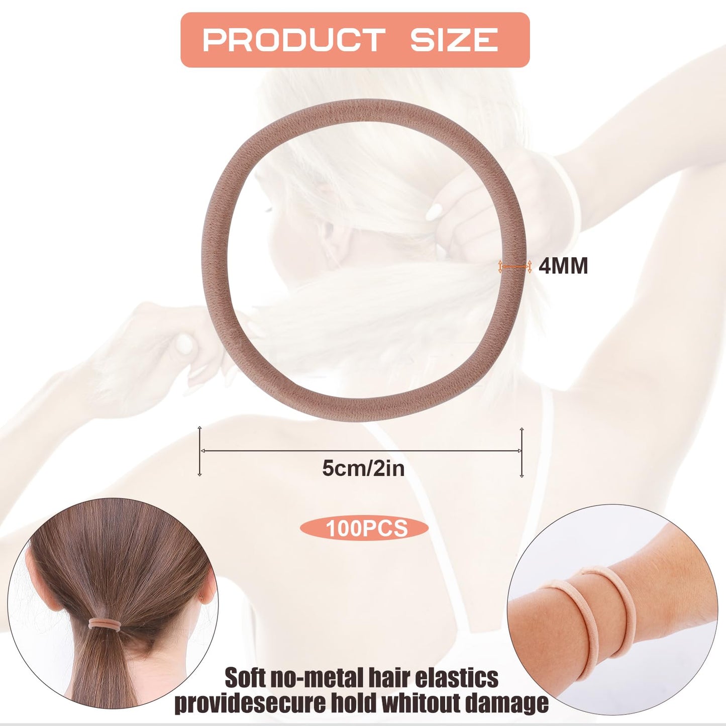 100PCS Hair Tie, 4MM Elastic Hair Ties No Damage Ponytail Holder for Women, Men and Girls (4mm Beige Blonde)