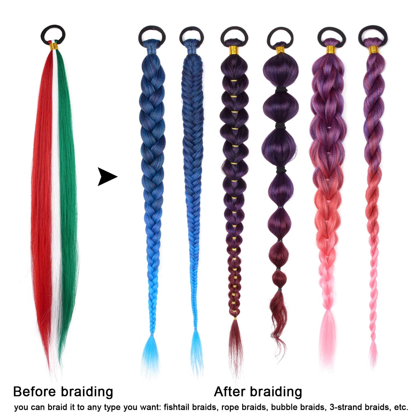 2 Pack Braid Ponytail Extension, Full of Christmas Color Ponytail Extension, with Elastic Tie Straight Tube Sleek Wrap Extension Hair Ponytail Extension 26 Inch (Green/White/Red#)