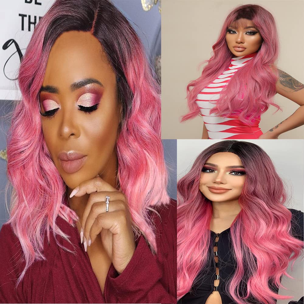 1B/Pink Body Wave Bundles Human Hair Pink Bundles Human Hair Ombre Two Tone Black and Pink Bundles Brazilian Human Hair Weave Wet and Wavy Bundles Silky Soft for Black Women 26 28 30 inch