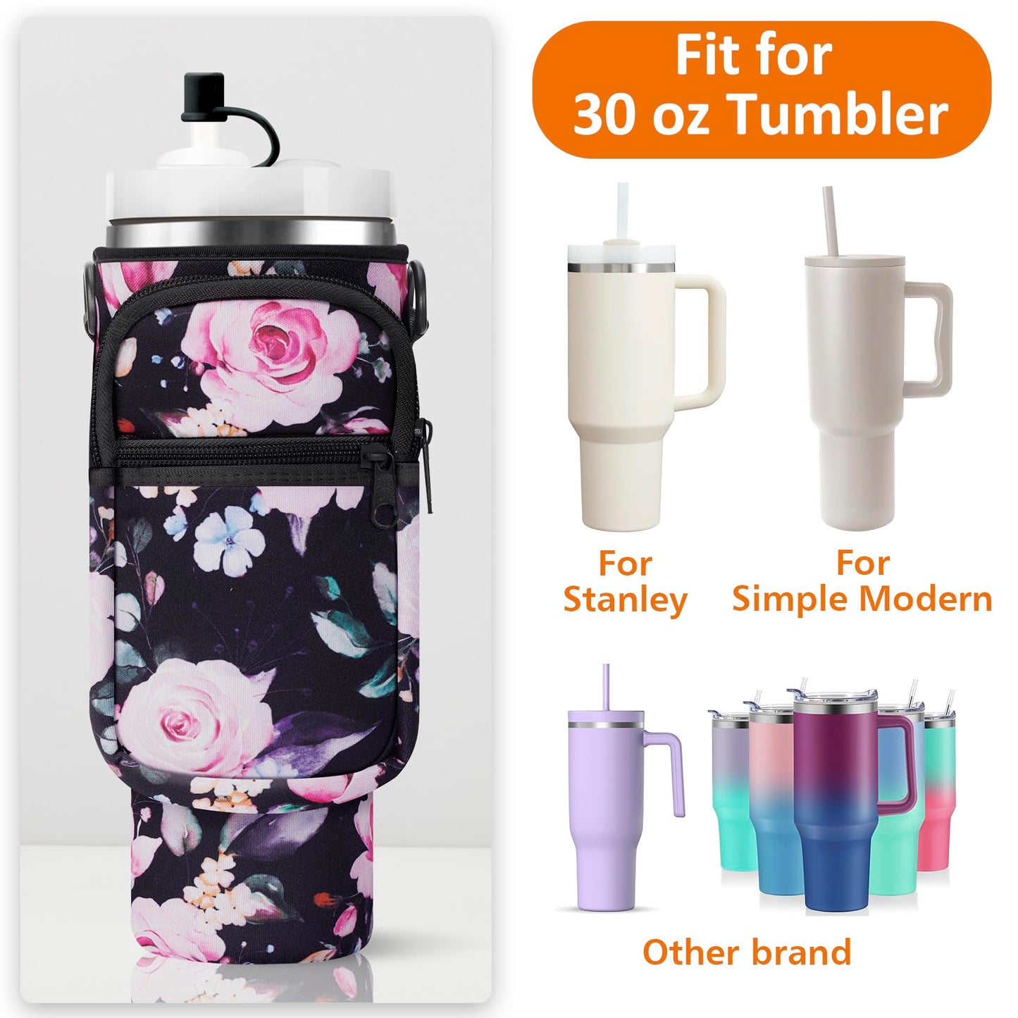 Water Bottle Carrier Bag with Paracord Handle for Stanley 30 oz Tumbler Neoprene Insulated Mug Sleeve Sling with 2 Pockets & Adjustable Strap & Straw Cap for Stanley Cup Accessories-Black Flower