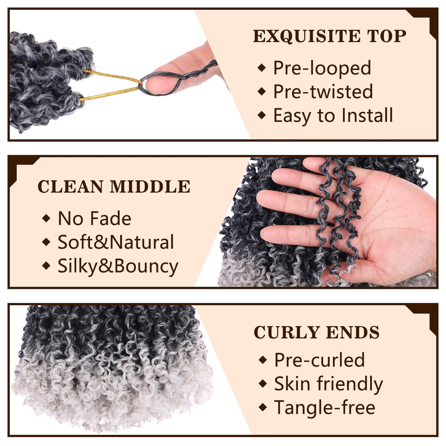 COOKOO 8 Inch Bouncy Yanky Twist Crochet Hair - 8 Packs Ombre Grey Passion Twist Braids for Women - Pre-Twisted Synthetic Hair Extensions