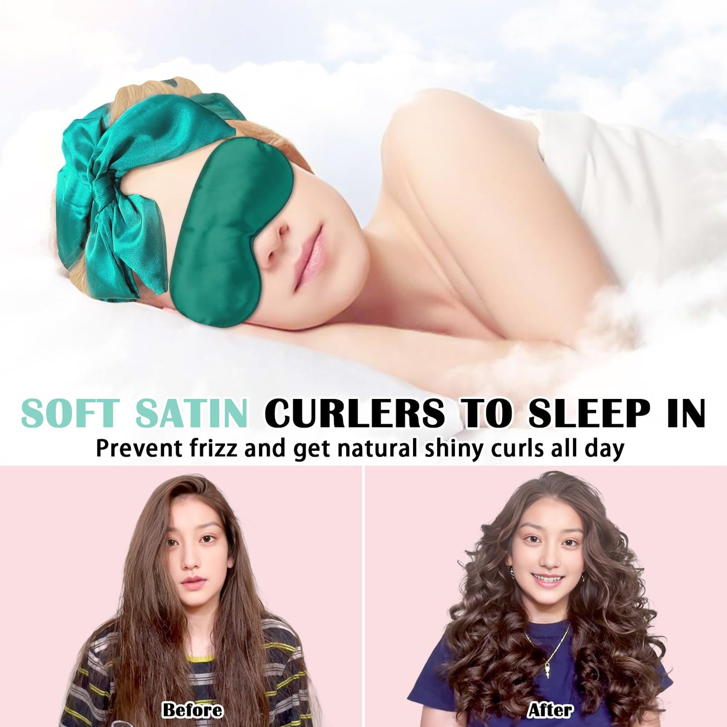 Gwabee Satin Heatless Curls Overnight Hair Curlers to Sleep In Hair Curler Rollers No Heat Hair Wrap for Curls Headband, 70" Satin Heatless Curling Set for Women Long Waves Hair Volume -Green 10 PCS