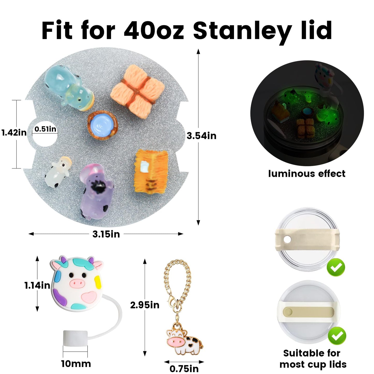 Accessories Compatible with Stanley Cup Lid, Fit for 40 oz Stanley Lid Charms Decor, Silicone Straw Topper Cover Cap, Cute Charms for Stanley 30&40 Oz Tumbler with Handle (cow)