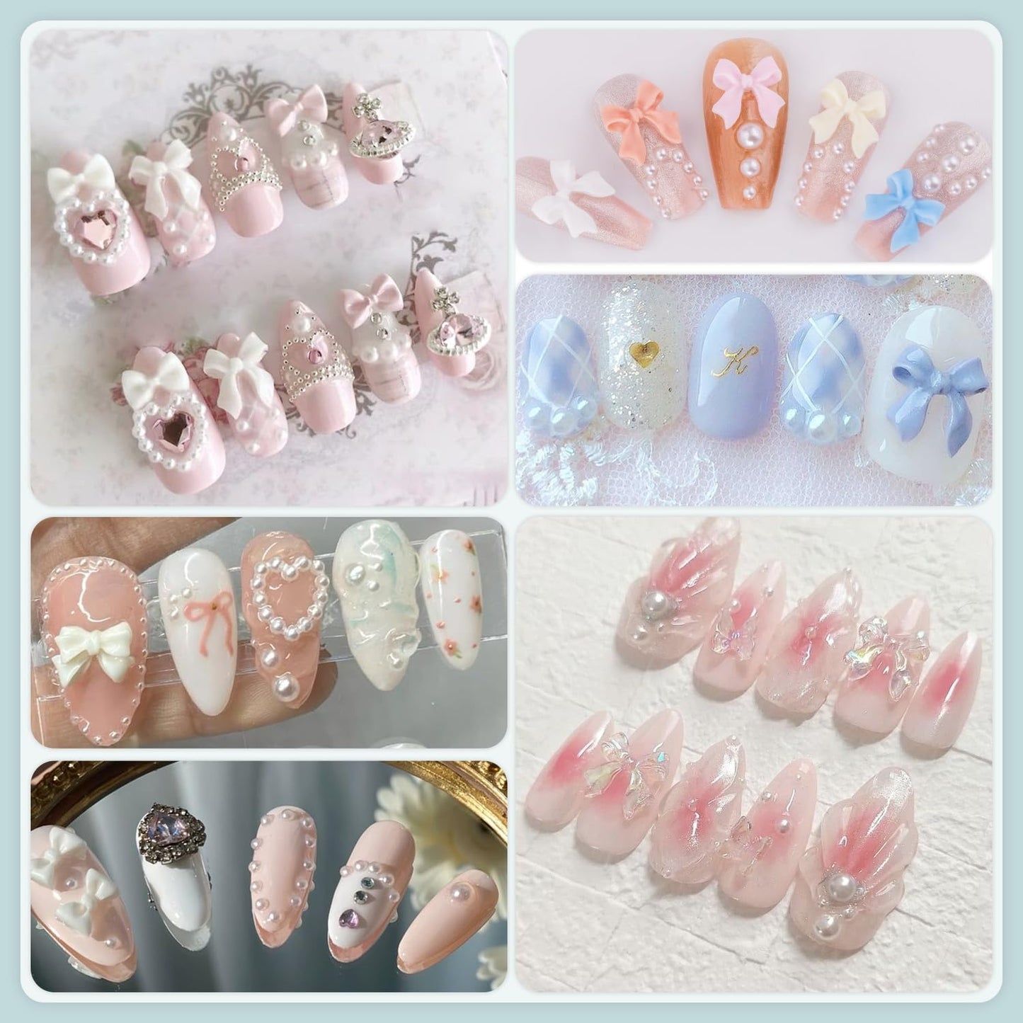 3D Nail Charms and Flatback Pearls #2, 600 Pcs Pink White Black Multi Styles Bowknot Charms + Pink&White Star Heart Nail Jewels + 2-6mm White Nail Pearls for Nail Art Design with Pickup Tools