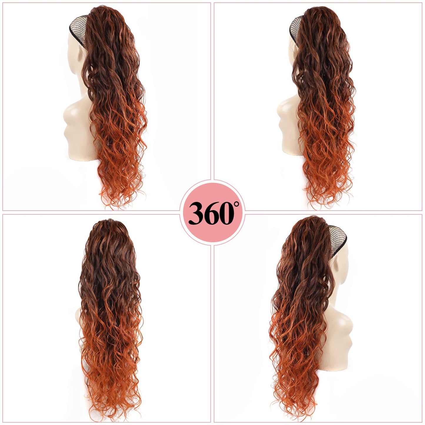 Copper Ginger 350 Ombre Ponytail Extensions - Long Curly Wavy Thick Hair Extainson Ponytail Wavy Clip in Ponytail Extensions Blonde Drawstring Ponytail for Black Women #1B/350 6 OZ