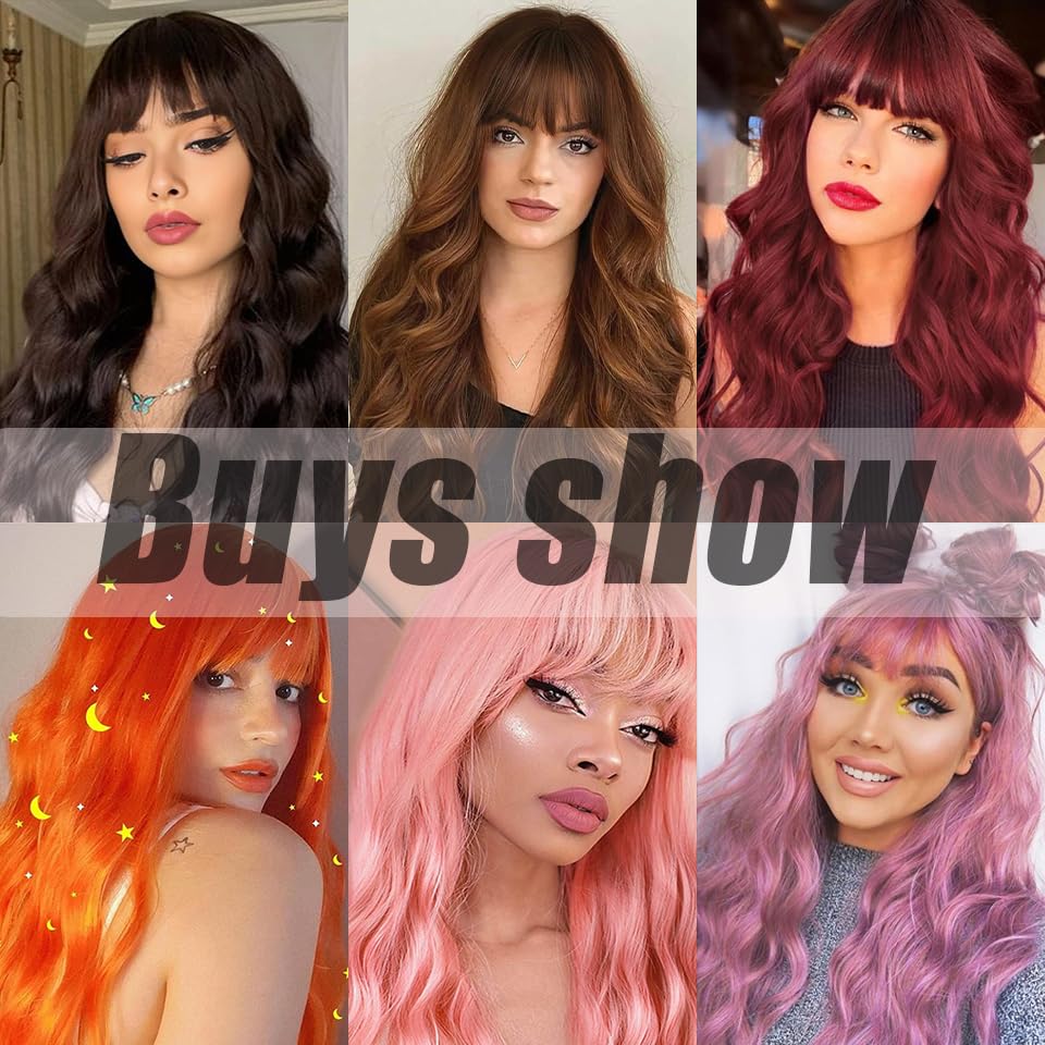 COSYMAY Red Wig Long Wavy Heat Resistant Fiber Wigs With Bangs for Girls Daily Cosplay Party Use for Women