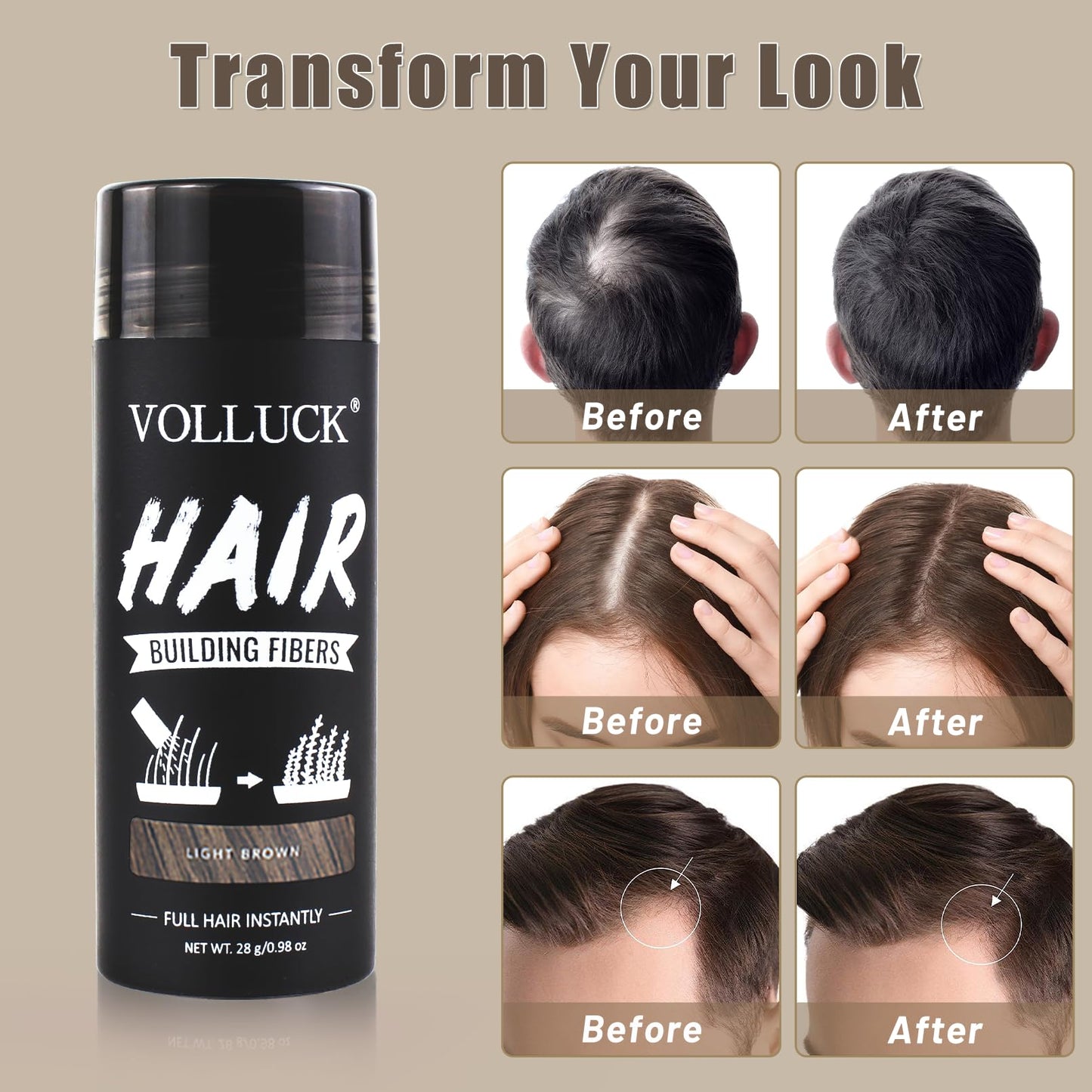 VOLLUCK Hair Fibers for Thinning Hair, Instant Coverage Hair Building Fibers for Women and men, Natural Hair Powder for Conceal Hair Loss 28 g (Light Brown)