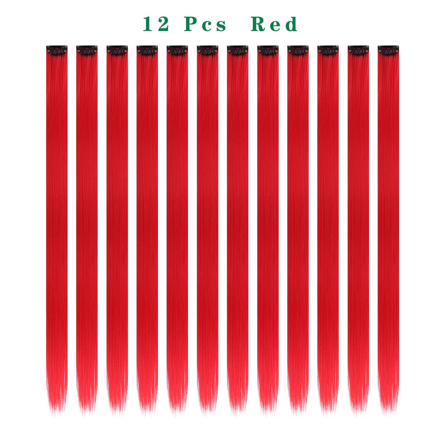 12PCS Colored Red Hair Extensions Straight Multicolor Clip in Hair Extensions Colorful 20 Inch Rainbow Hair Extensions for Kids Women's Gifts Halloween Christmas Party Highlights (12pcs Red)