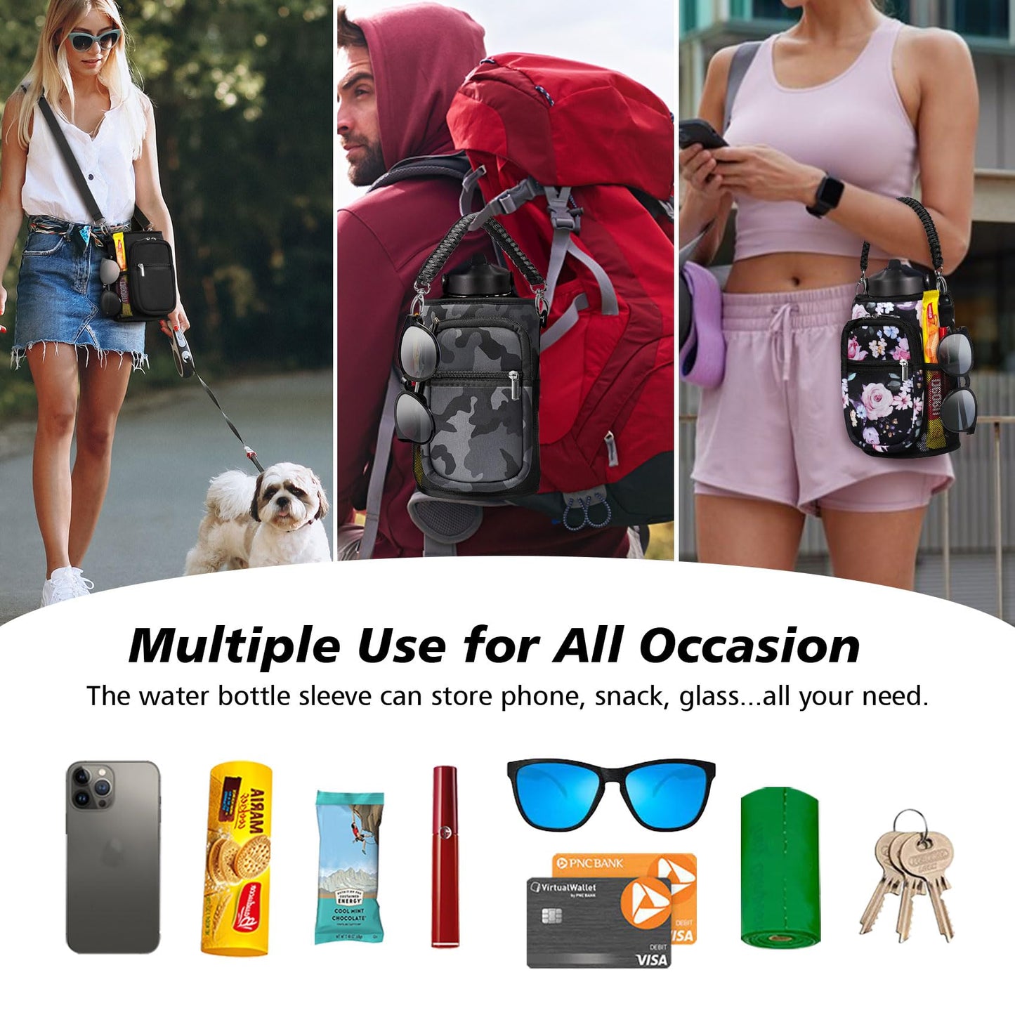 AceTreker 64/128 oz Water Bottle Sleeve, Neoprene Water Bottle Holder with Strap & Paracord Handle, Sport Metal Bottle Carrier Sling Bag with 5 Pockets for Travelling, Walking, Camping-Black