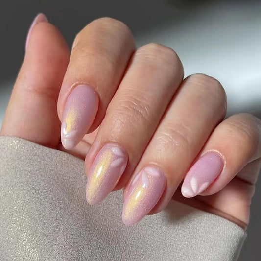 30Pcs Gold Glitter Press on Nails Pink Fake Nails Short Almond False Nails with Design Flower Glue on Nails Glossy Artificial Acrylic Full Cover Shiny Stick on Nails for Women Nail Art Decoration