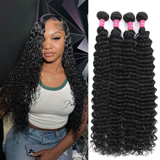 12A Deep Wave Human Hair Bundles Brazilian Bundles Human Hair Deep Wave 4 Bundles 100% Unprocessed Virgin Deep Wave Wet And Wavy Human Hair Weave Bundles Human Hair For Black Woman 12 14 16 18 Inch