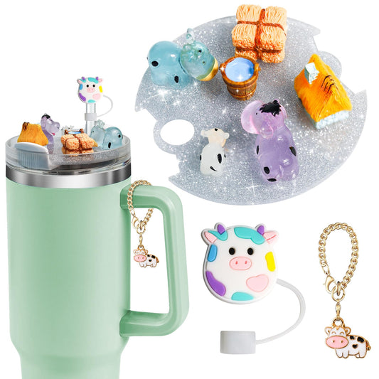 Accessories Compatible with Stanley Cup Lid, Fit for 40 oz Stanley Lid Charms Decor, Silicone Straw Topper Cover Cap, Cute Charms for Stanley 30&40 Oz Tumbler with Handle (cow)