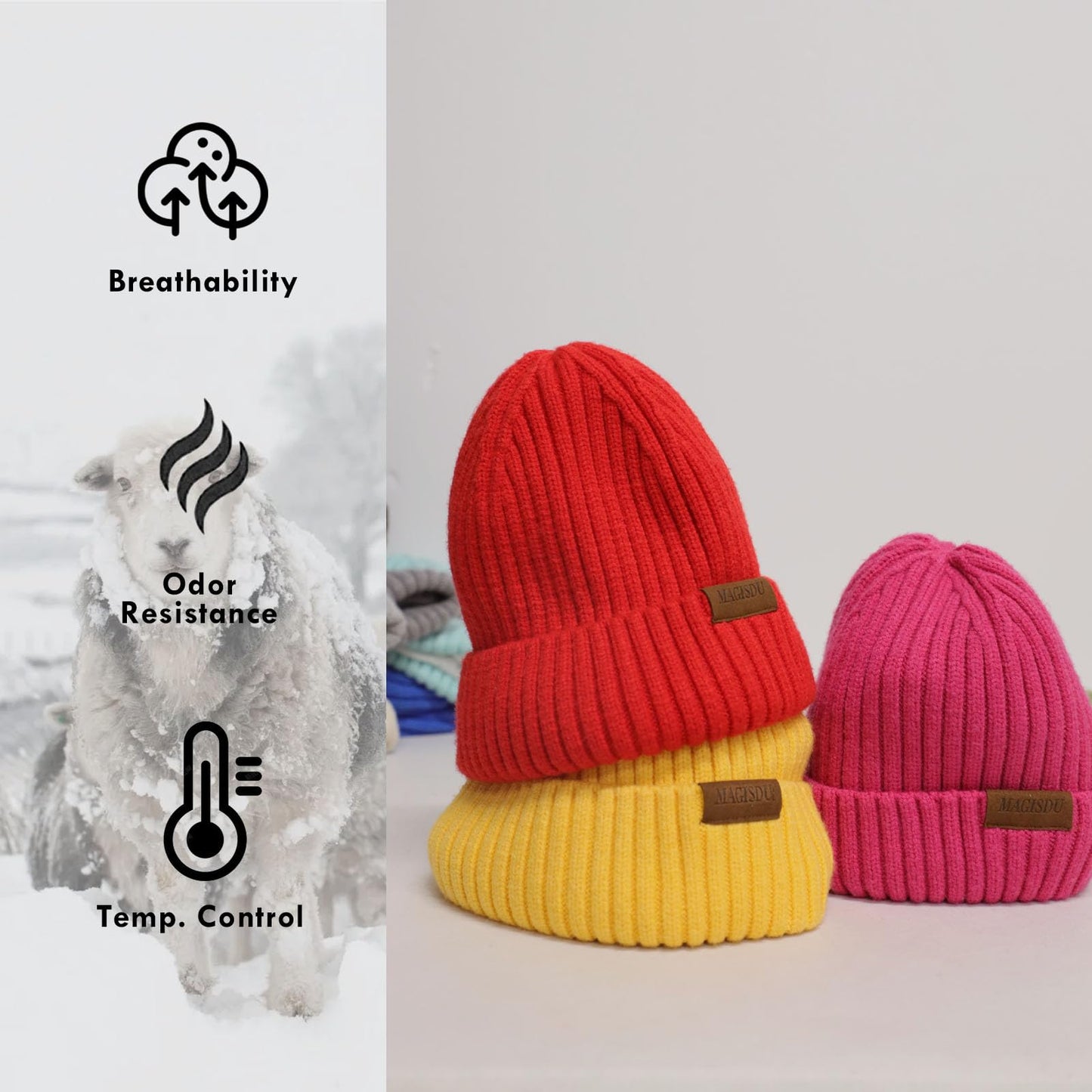 MAGISDU Beanie Winter Hats for Women Men Merino Wool Unisex Short Skull Cap Double Layer Fleece Lined Knit Fisherman Beanie Scarlet