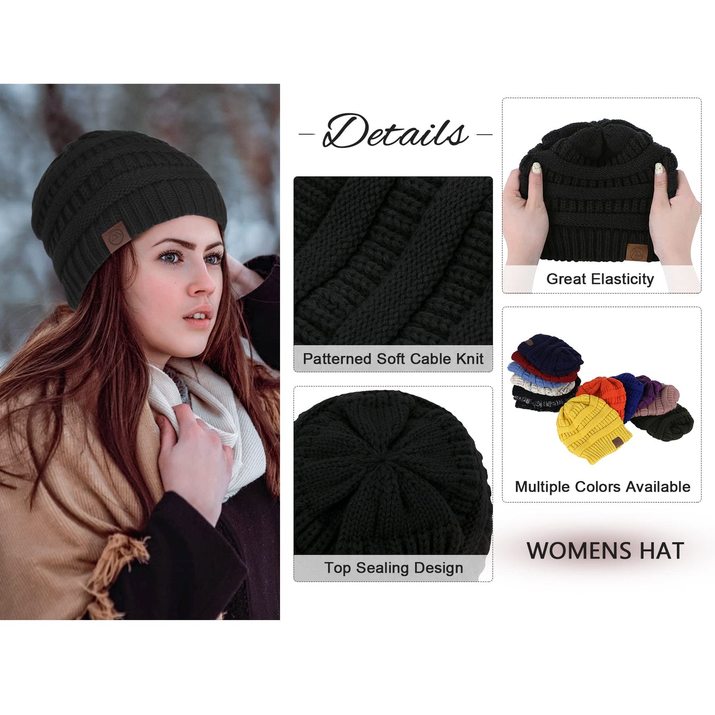 Zando Womens Beanie Hats for Women Men Satin Lined Beanie for Women Warm Winter Hats for Women Unisex Slouchy Beanies for Women knit Beanie Thick Womens Beanies for Winter Black & Black Yarn Hat