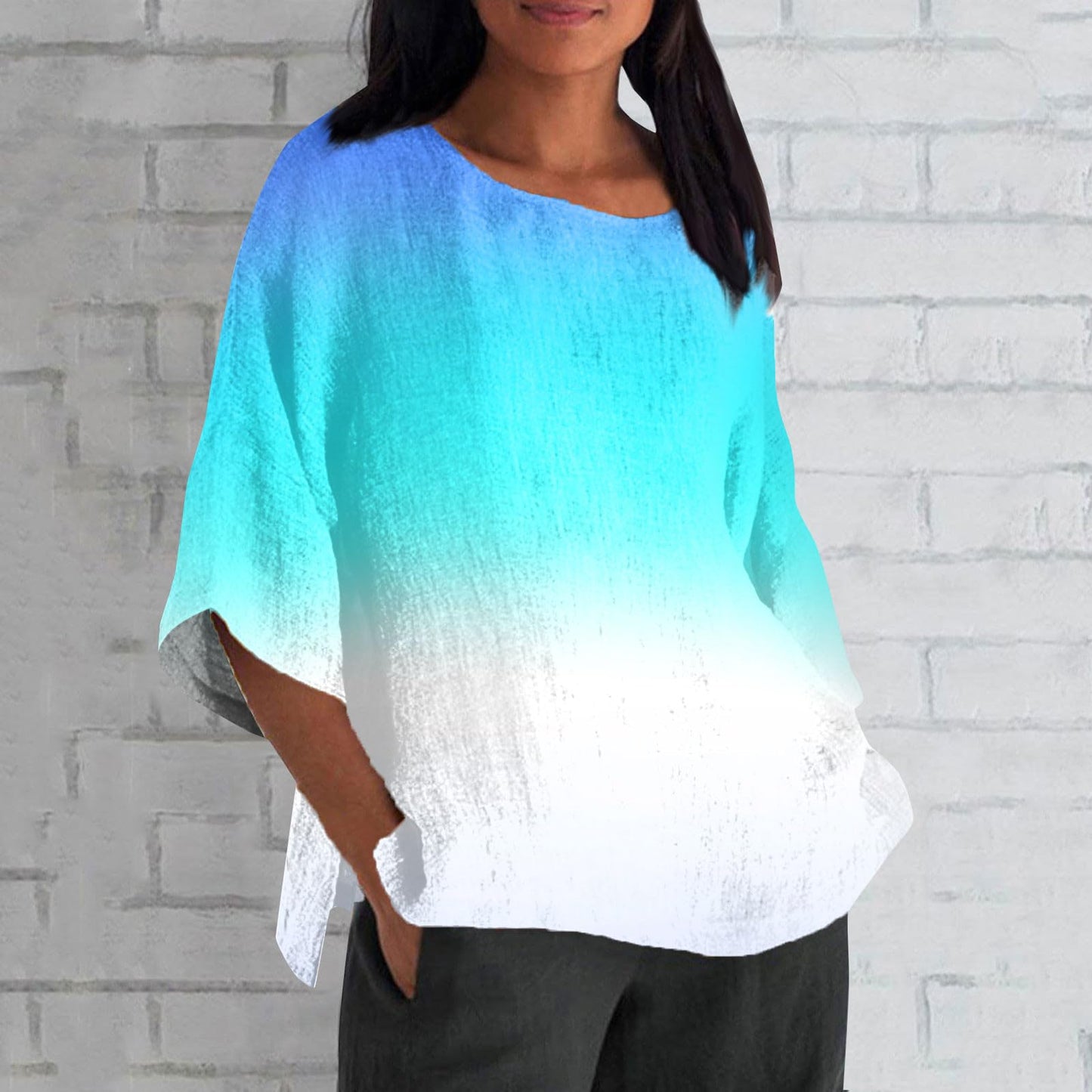 3/4 Sleeve T Shirts for Women Crew Neck Plus Size Linen Tops Split Hem Loose Fit Dressy Blouses 3/4 Length Sleeve Womens Tops Summer Tops for Women 2024 Trendy, Blue, X-Large