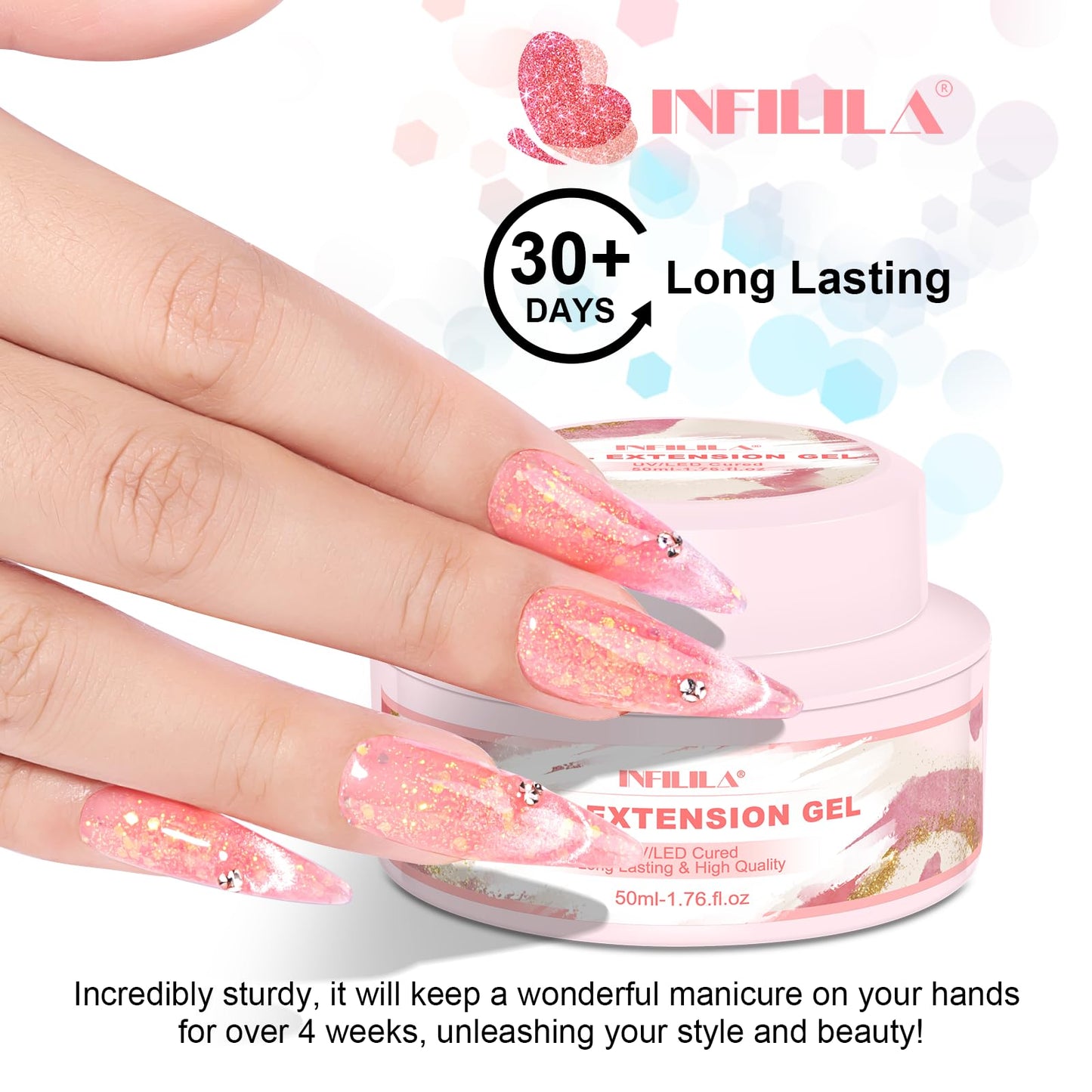 NXJ INFILILA Glitter Poly Nail Gel, Hot Pink Colors Poly Extension Gel Nail Enhancement, Thickening Glossy Builder Home DIY Salon Use for Girls UV/LED Nail Lamp Required P11