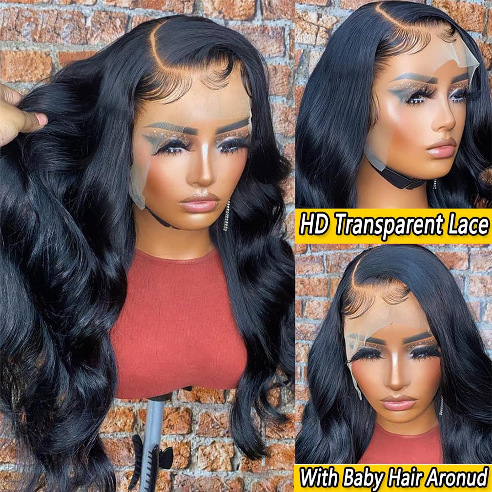 13x6 Lace Front Wigs Human Hair Lace Front Wigs Pre Plucked with Baby Hair 180% Density Glueless Human Hair Wigs for Black Women HD Transparent Lace Frontal Wigs Natural Black 22 Inch