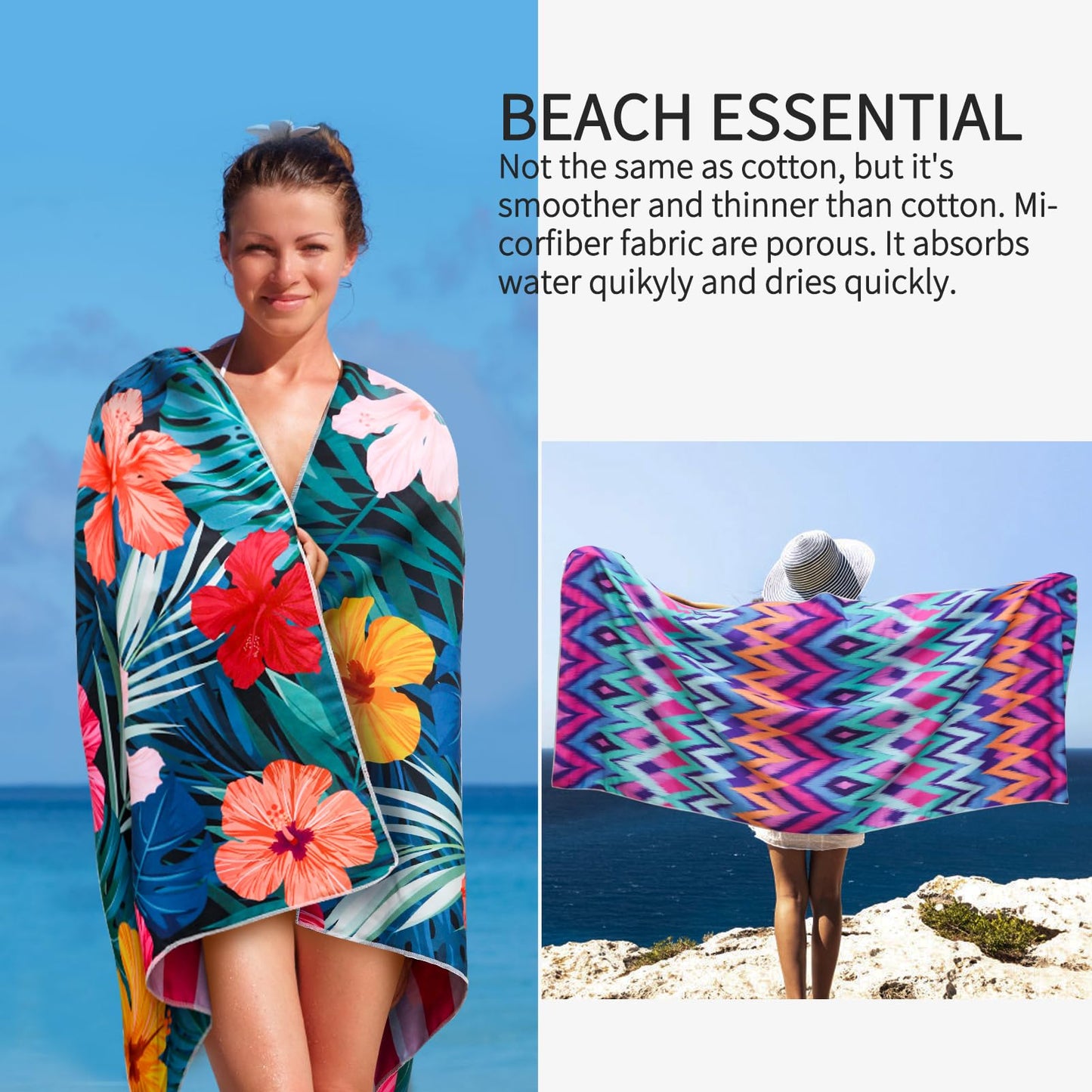2 Pack Microfiber Oversized Lightweight Beach Towel for Adults Women Men, Reversible 71" x 32" XL Extra Large Thin Quick Dry Sand Free Pool Towels for Travel Sport Swimming Camping Picnic Yoga Gym
