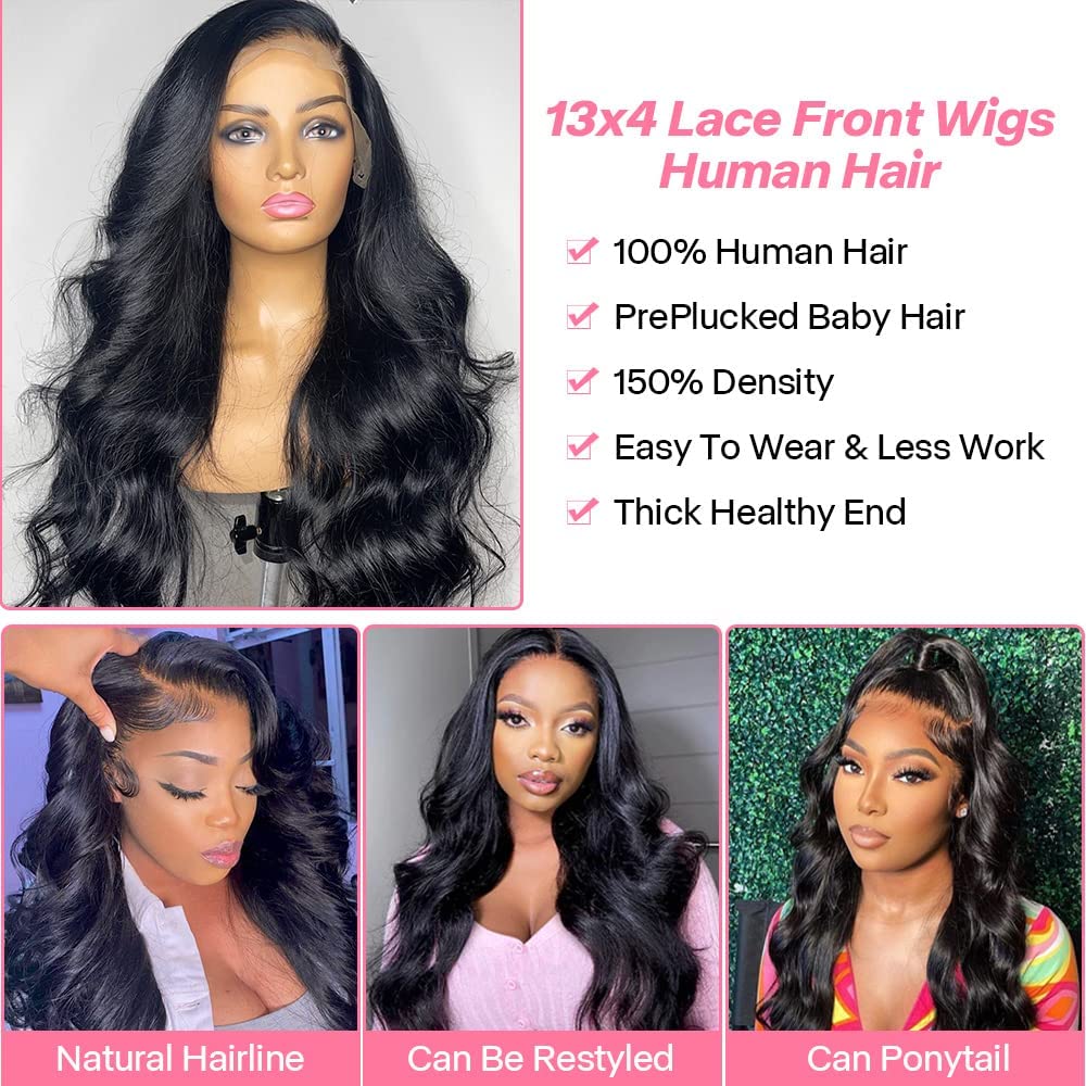 13x4 Body Wave Lace Front Wigs Human Hair For Black Women Hd Lace Front Wigs Human Hair Pre Plucked Bleached Knots with Baby Hair 180% Dentisy GluelessTransparent Lace Wig Brazalian Virgin Hair